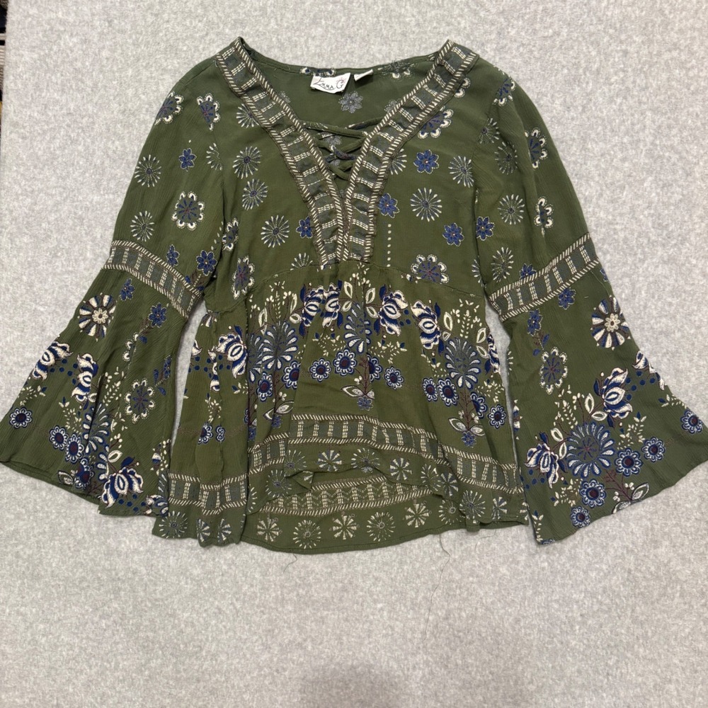 Y2K Emma G Women Olive Green Floral Boho Bell Sleeve Lace Up Blouse Medium